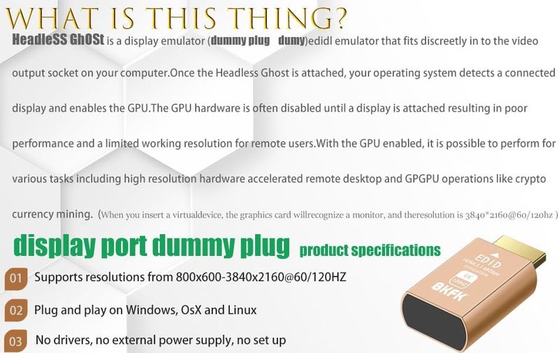 BKFK 4K 120Hz hdmi Dummy Plug - Display to hdmi Adapter, Luna Display Virtual Window for Home-edid Emulator-Dummy, displayport Headless dummie dongle (HDMI-2.1port-4K-120Hz-2P) - Image 5
